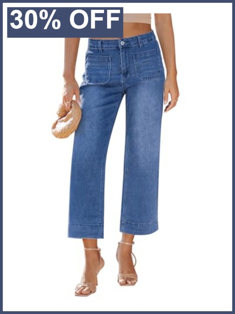Wide Leg Cropped High Waisted Stretch Denim Jeans Front Pockets